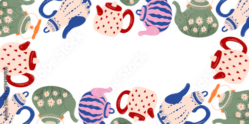 Pattern with decorative teapot and kettle in cozy flat style. Colorful illustration for kitchen decor, packaging, textile and stationery.