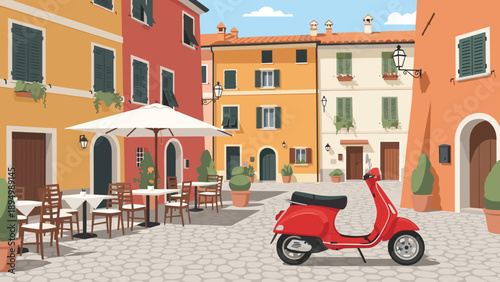 Charming Italian piazza scene with a red scooter and outdoor cafe seating