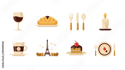 Collection of French iconic symbols and food items for a delightful experience