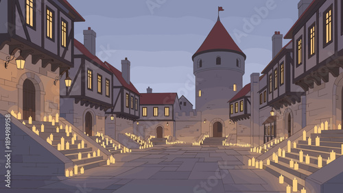 Medieval town square illuminated by countless candles at dusk with a castle tower