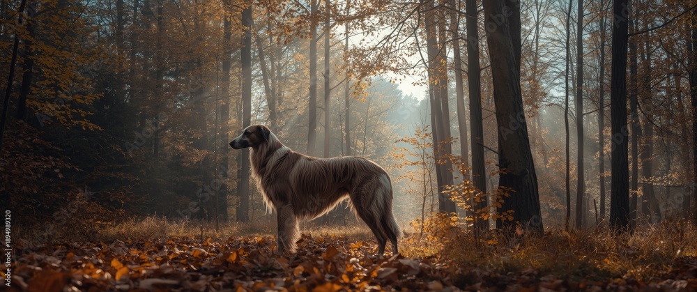 Fototapeta premium Russian wolfhound roaming in the forest