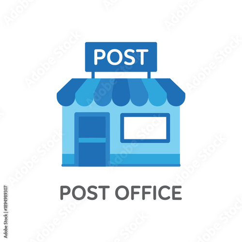 Simple illustration of a blue post office building with a sign