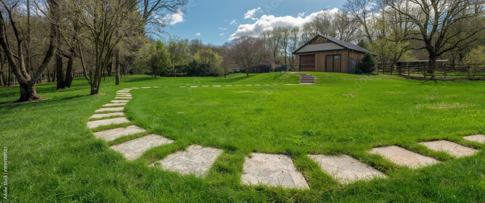 Obraz premium Stepping stones across a vibrant grassy area