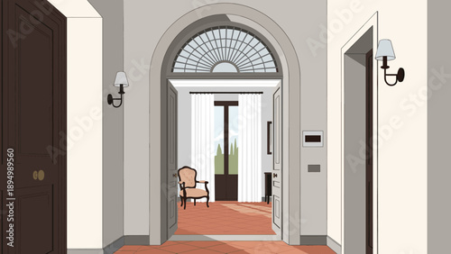 Elegant arched doorway leading to a sunlit room with a vintage chair and tall windows