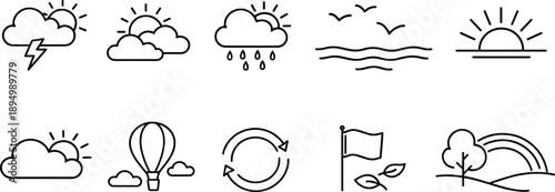 Collection of weather and nature icons with simple line art style