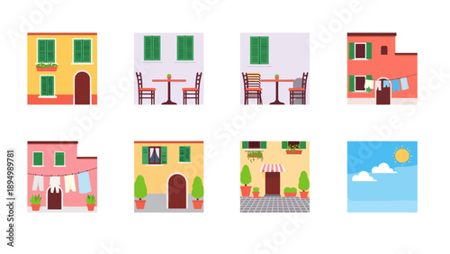 Collection of charming European buildings with outdoor cafe seating and laundry hanging