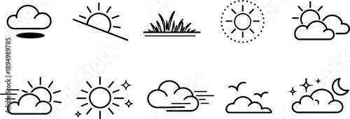Collection of simple line art icons representing various weather conditions and natural elements