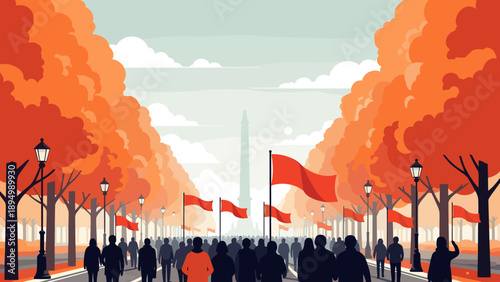 Crowd marching with red flags down an avenue lined with autumn trees and lampposts
