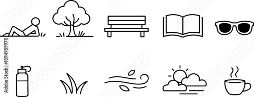 Collection of simple line icons representing outdoor leisure activities and relaxation