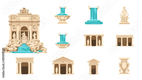 Collection of classical architecture elements and fountains with statues and water features