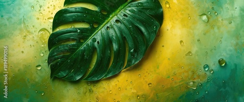 Monstera leaf in green on a colorful yellow, green, and teal background with water droplets and splashes with space for text