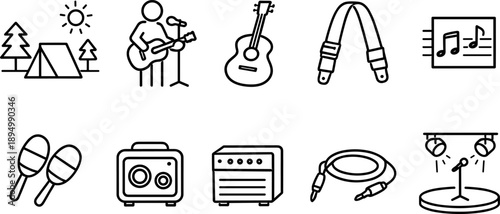 Collection of music and outdoor performance icons, including guitar, microphone, and camping elements