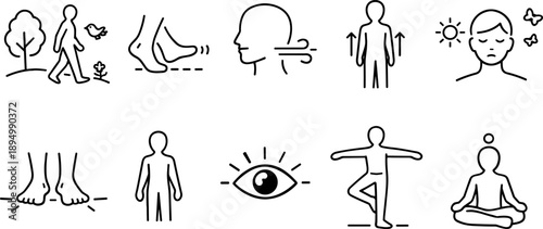 Collection of simple line icons representing human body and mind wellness activities