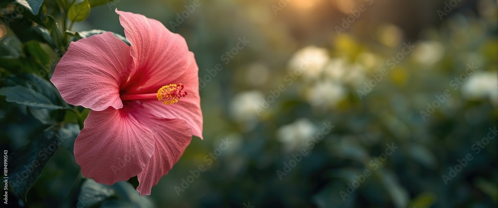 Fototapeta premium Pink hibiscus (Hibiscus rosa sinensis) flower on a green backdrop