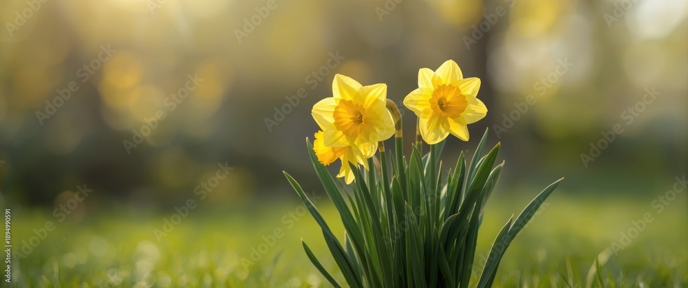 Fototapeta premium cluster of bright yellow daffodils blooming in the garden during spring