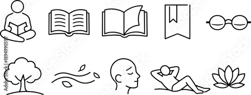 Collection of simple line icons representing relaxation, reading, and nature