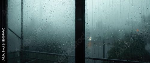 Heavy rain aftermath: window with condensate or steam, featuring large texture or background