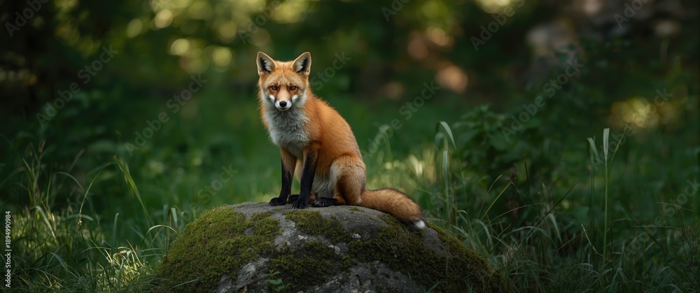 Fototapeta premium European Red fox on moss-covered rock, staring into lens in Czech Republic