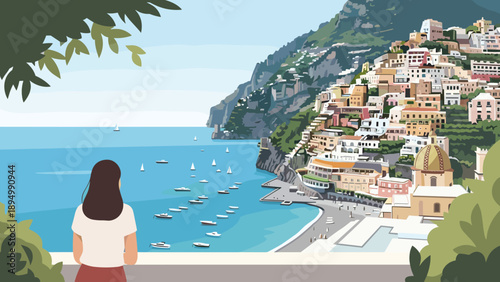 Woman gazes at picturesque Italian coastal town with boats in the azure sea