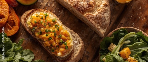 Top view of bread topped wi...