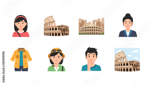 Collection of icons featuring the Colosseum and diverse people in Rome