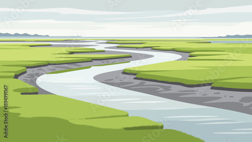 Stylized illustration of a winding river flowing through a lush green marshland under a cloudy sky