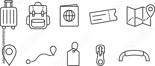 Collection of travel icons including suitcase, backpack, passport, ticket, map, and location pin