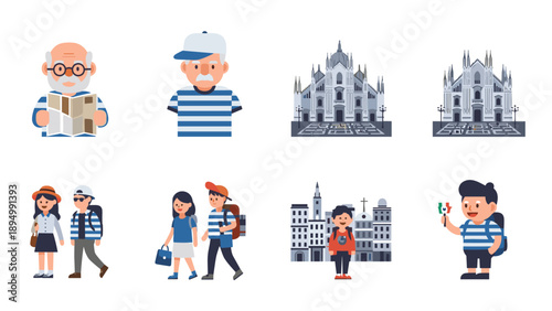 Collection of Italian tourist icons featuring landmarks and people enjoying travel