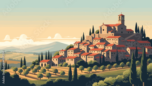 Charming Italian village nestled on a hillside with vineyards and rolling hills in the background