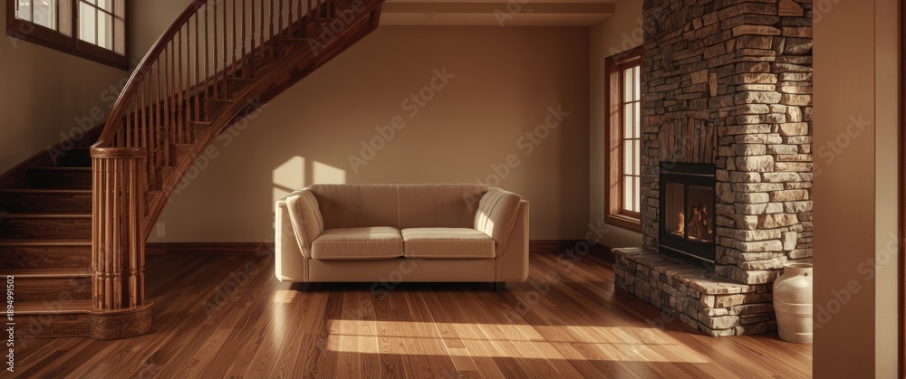 Fototapeta premium Contemporary living room design with color tones, hardwood staircase, and stone fireplace