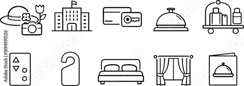 Collection of hotel service icons including building, bed, bell, and luggage cart
