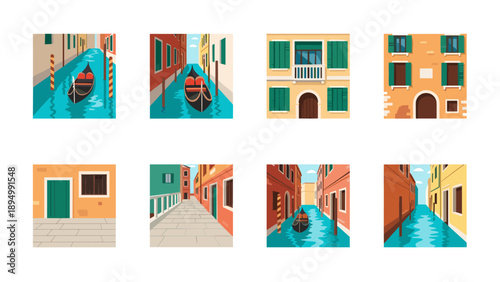 Collection of charming flat design illustrations depicting Venetian canals and architecture