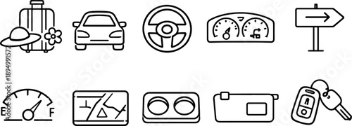 Collection of car-related icons including travel, navigation, and driving essentials