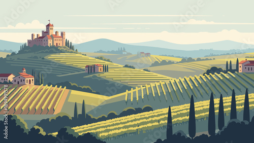 Idyllic Tuscan landscape with rolling hills, vineyards, and a medieval castle on a hilltop