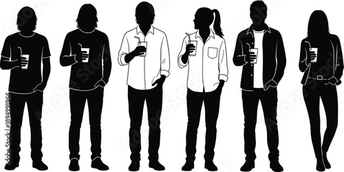 Young people silhouettes holding drinks, casual lifestyle group, modern fashion, social gathering, friendship, youth culture, black vector illustration