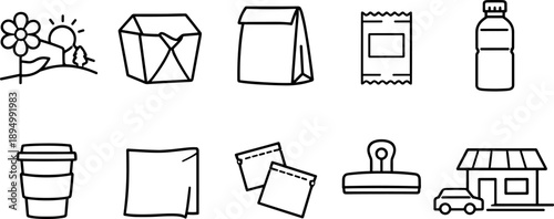 Collection of simple line art icons representing everyday objects and scenes