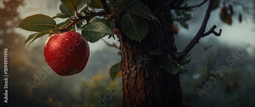 Ripe red apple on the tree ...