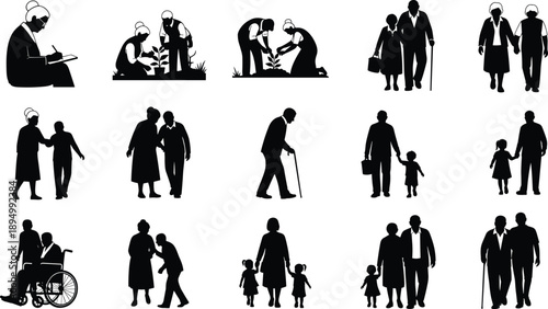 Elderly care and family support concept, senior citizens daily activities silhouettes, healthcare, aging, assistance, love, compassion, lifestyle illustration
