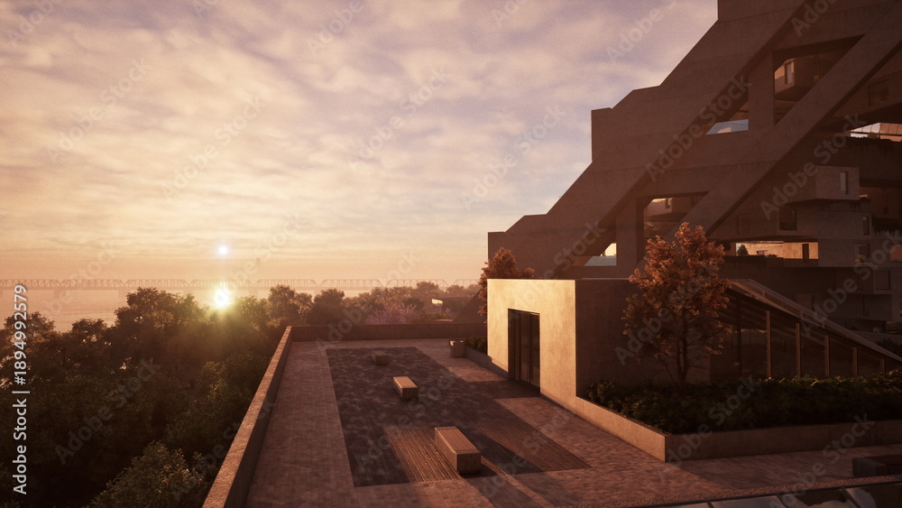 Fototapeta premium The sun is setting over a building with a view of the water