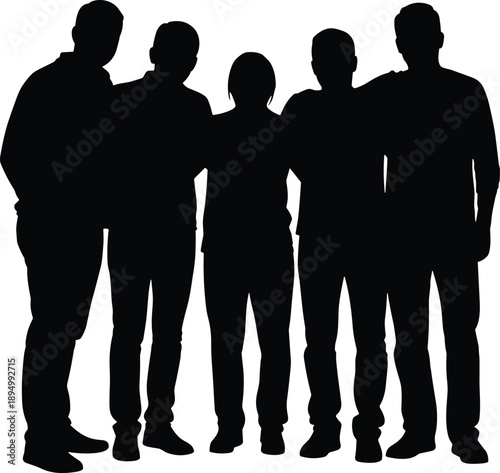 Group of five people silhouettes standing together, teamwork concept, friendship, community, unity, cooperation, social connection, diversity, minimal vector illustration design