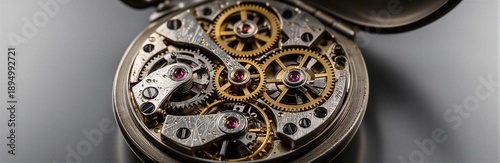 Intricate watch mechanism featuring gears and jewels in open pocket watch