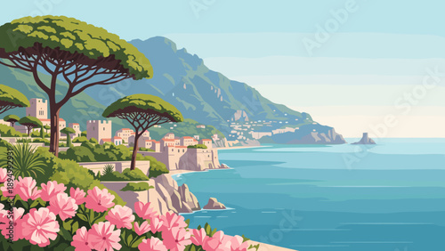 Idyllic Italian coastal village with pine trees and blooming flowers overlooking the sea