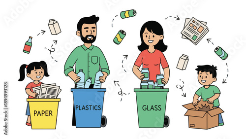 Family Sorting Waste for Recycling Illustration, Suitable for Environmental Education, Sustainability Campaign, and Kids Content