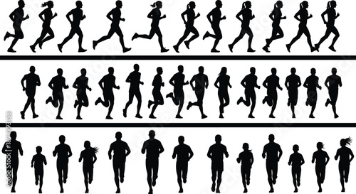 Running people silhouettes set, male and female joggers in motion, black vector illustration for fitness, sport, training and healthy lifestyle design