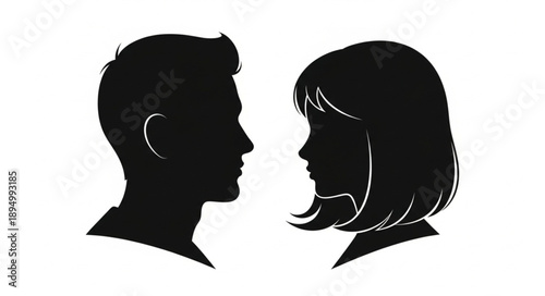 Silhouette profile of a man and woman facing each other.