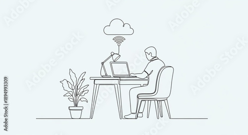 Person working on laptop connected to cloud storage service.