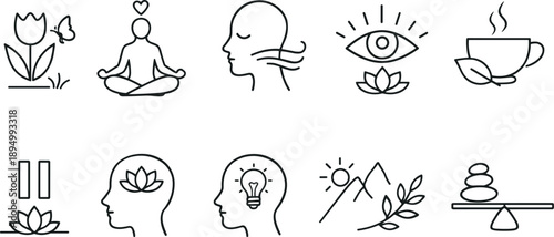 Collection of minimalist icons representing wellness, mindfulness, and healthy lifestyle concepts