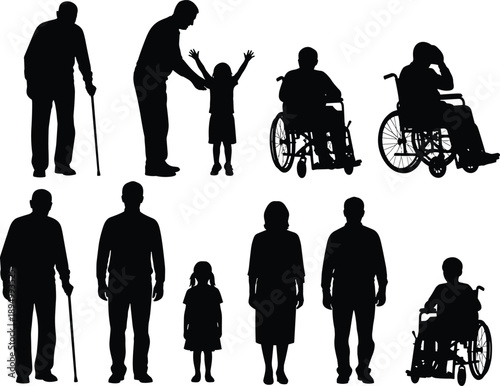 People with disabilities and different ages silhouette set, elderly, child and wheelchair users, black vector illustration for healthcare, inclusion and social concepts