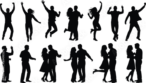 Dancing people silhouette set with men and women in party poses, black vector illustration for music, celebration, nightlife and lifestyle concepts