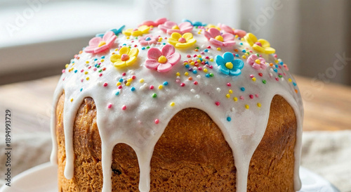 Foto Traditional Easter cake with white icing and colorful sugar flowers, festive bak